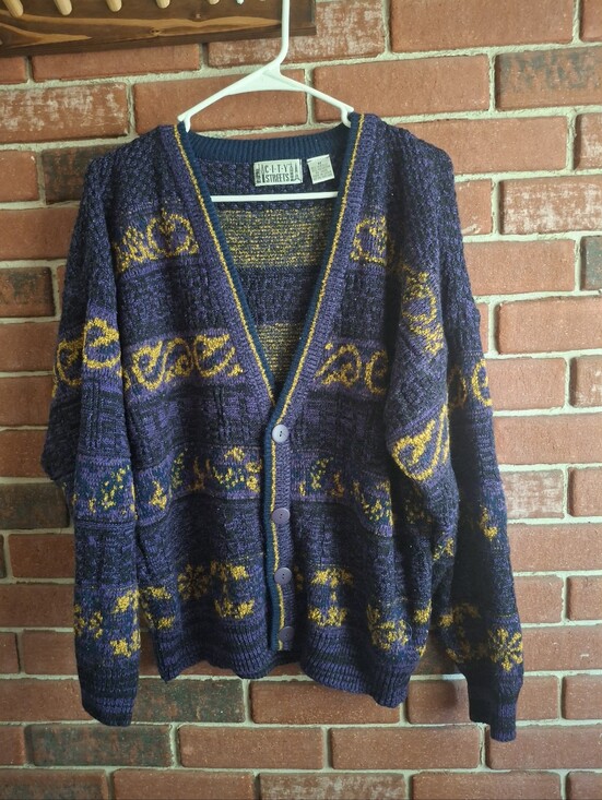 City Streets Sweaters - City Streets Purple and Gold Patterned Knit Cardigan